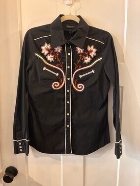 Black Embroidered Western Button-Down Shirt